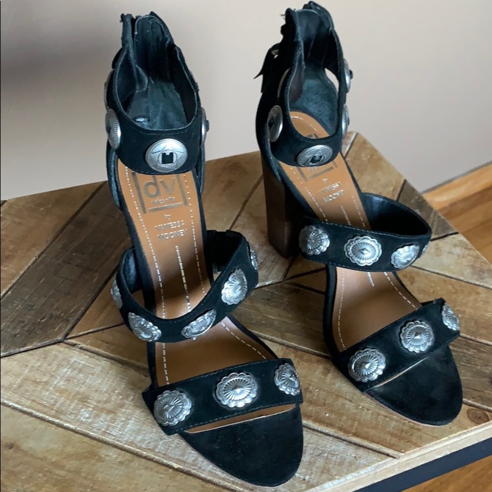 Black suede DV heels with silver embellishments